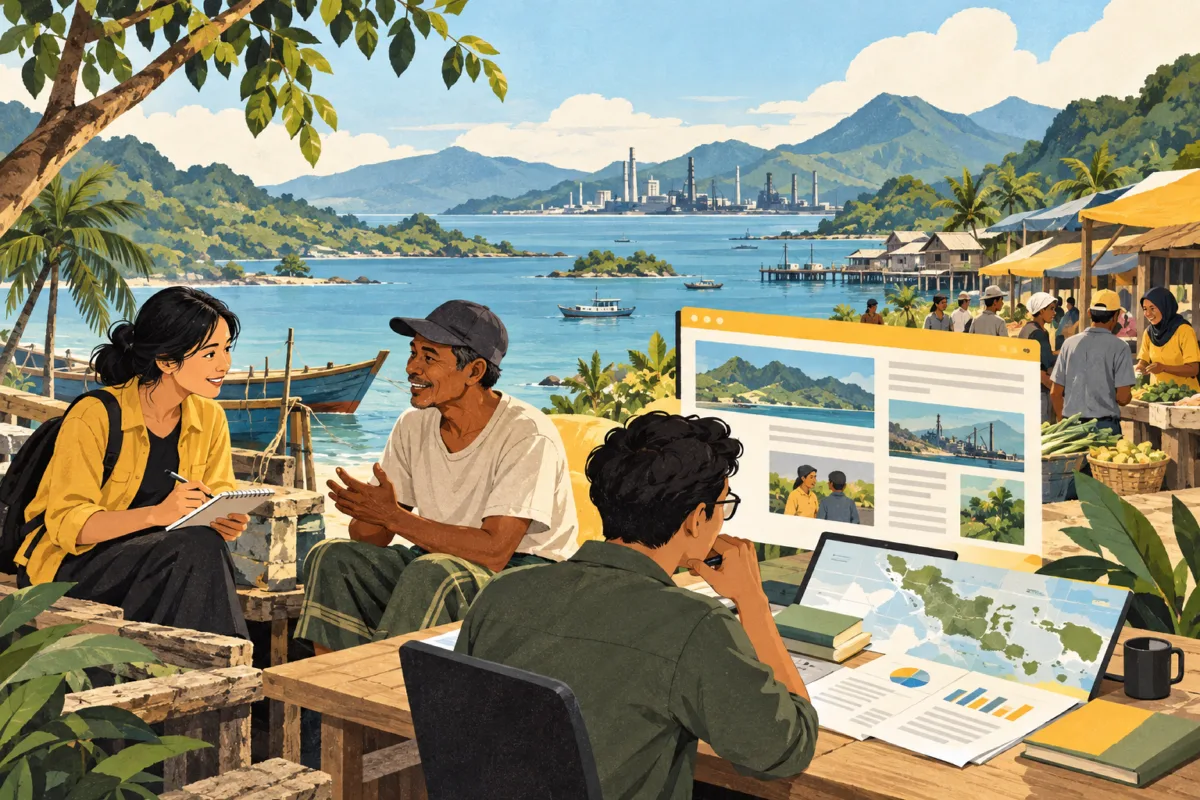 Ilustrasi jurnalisme, penelitian dan kegiatan masyarakat di daerah pesisir Morowali