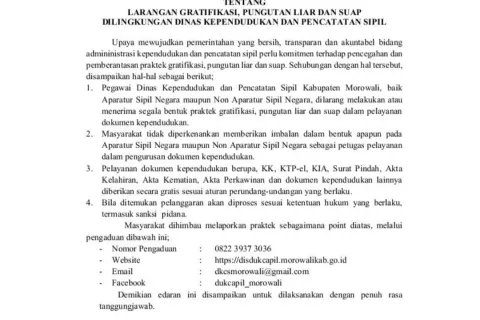 Surat Edaran Bupati Morowali Larang Gratifikasi, Pungutan Liar, dan Suap di Disdukcapil